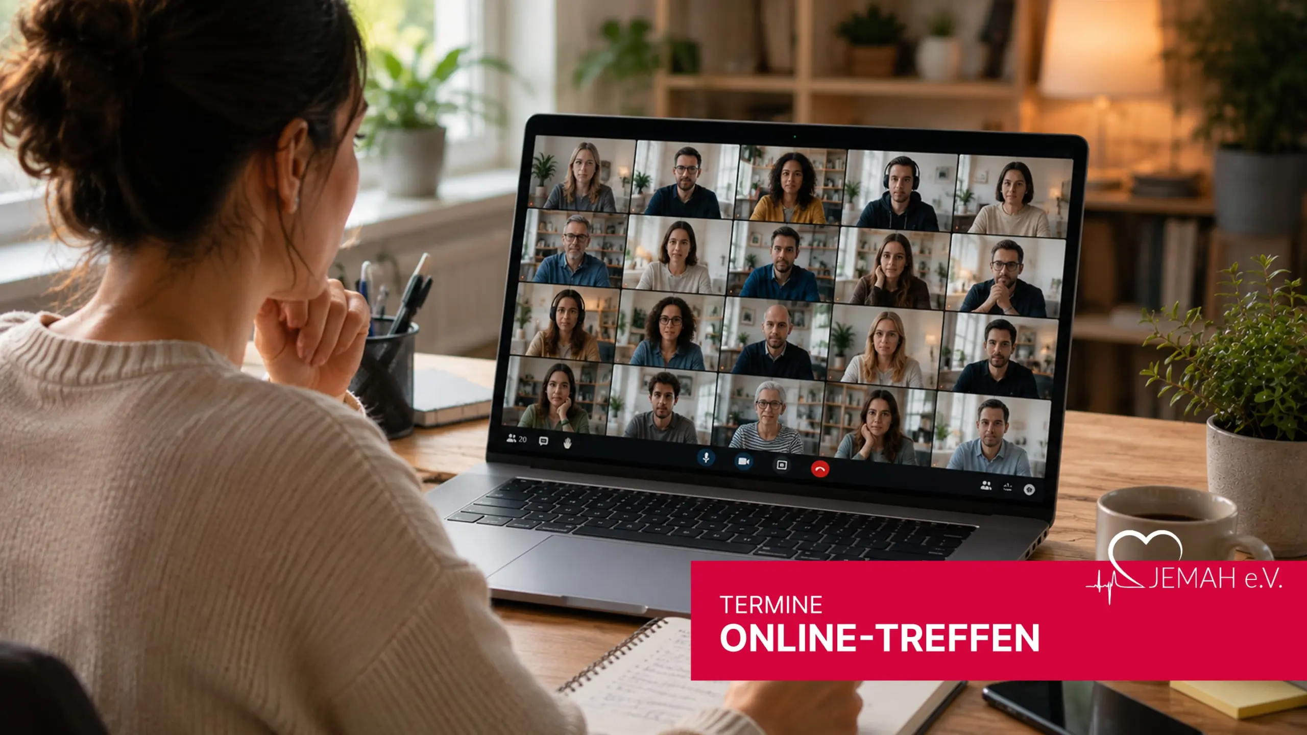 Frau nimmt an jemah Online-Konferenz auf Laptop teil. Bildschirm zeigt 20 Teilnehmende. Fokus auf virtuelle Zusammenarbeit.