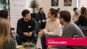 Mehrere junge Erwachsene sitzen bei einem JEMAH e.V. Treffen zusammen und unterhalten sich lächelnd und angeregt.